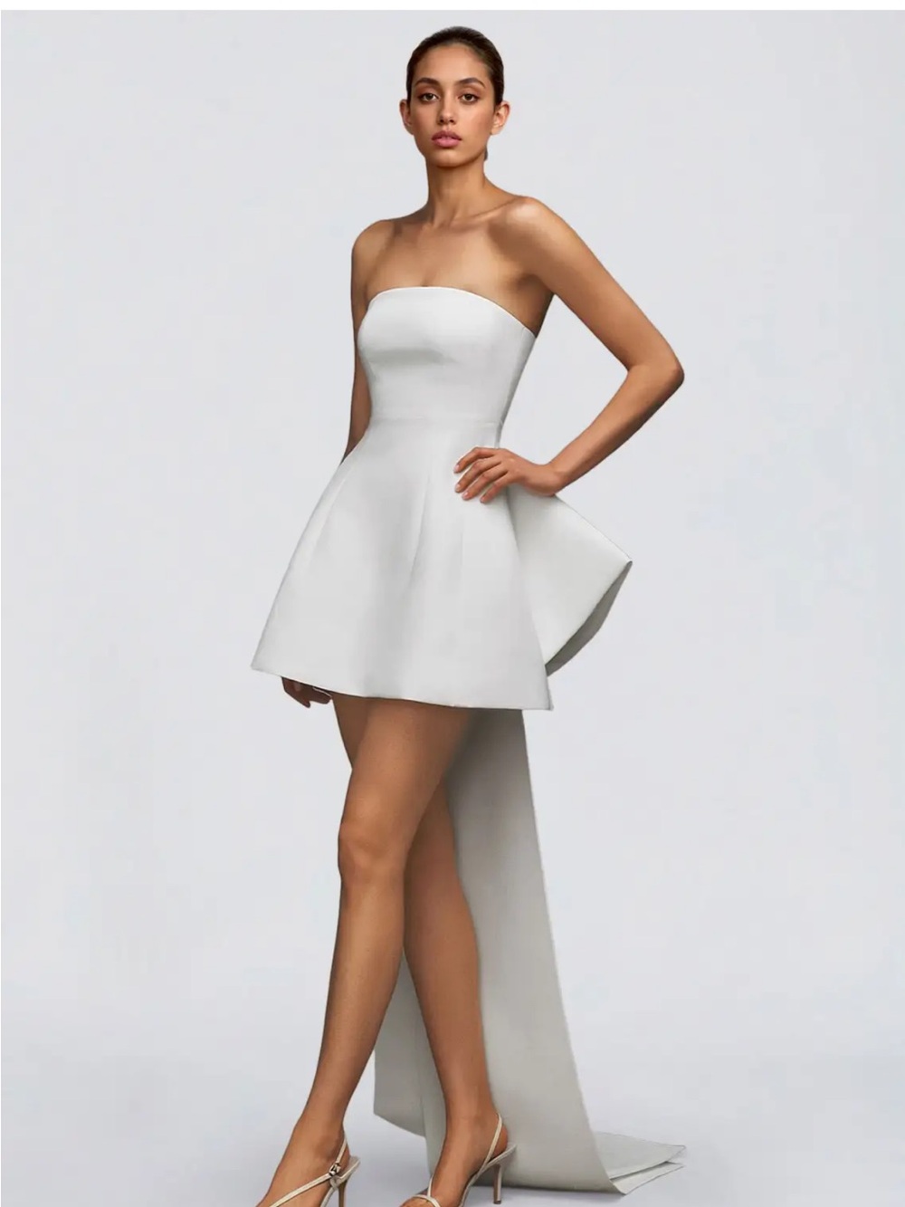 Azazie Strapless White High-Low Mini Dress with Bow Train